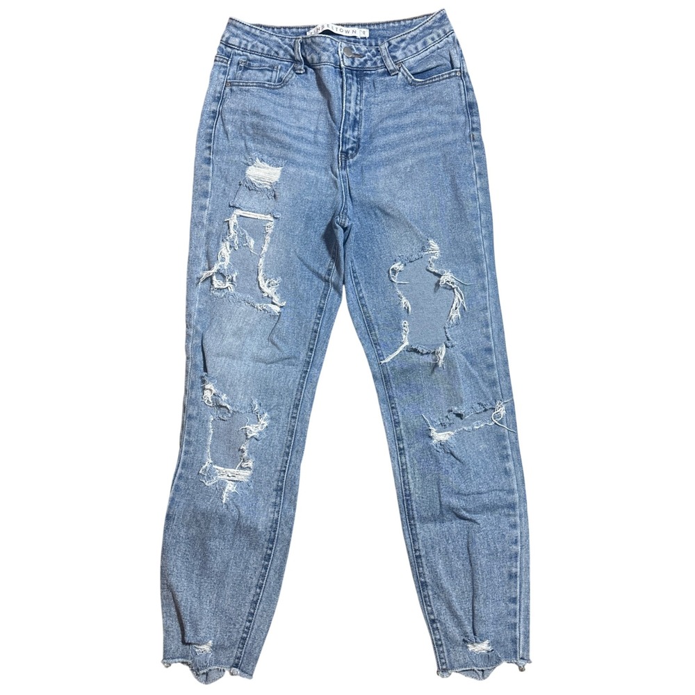 Tinseltown Distressed High Rise Jeans Size 9 Blue Light Wash Frayed Hem